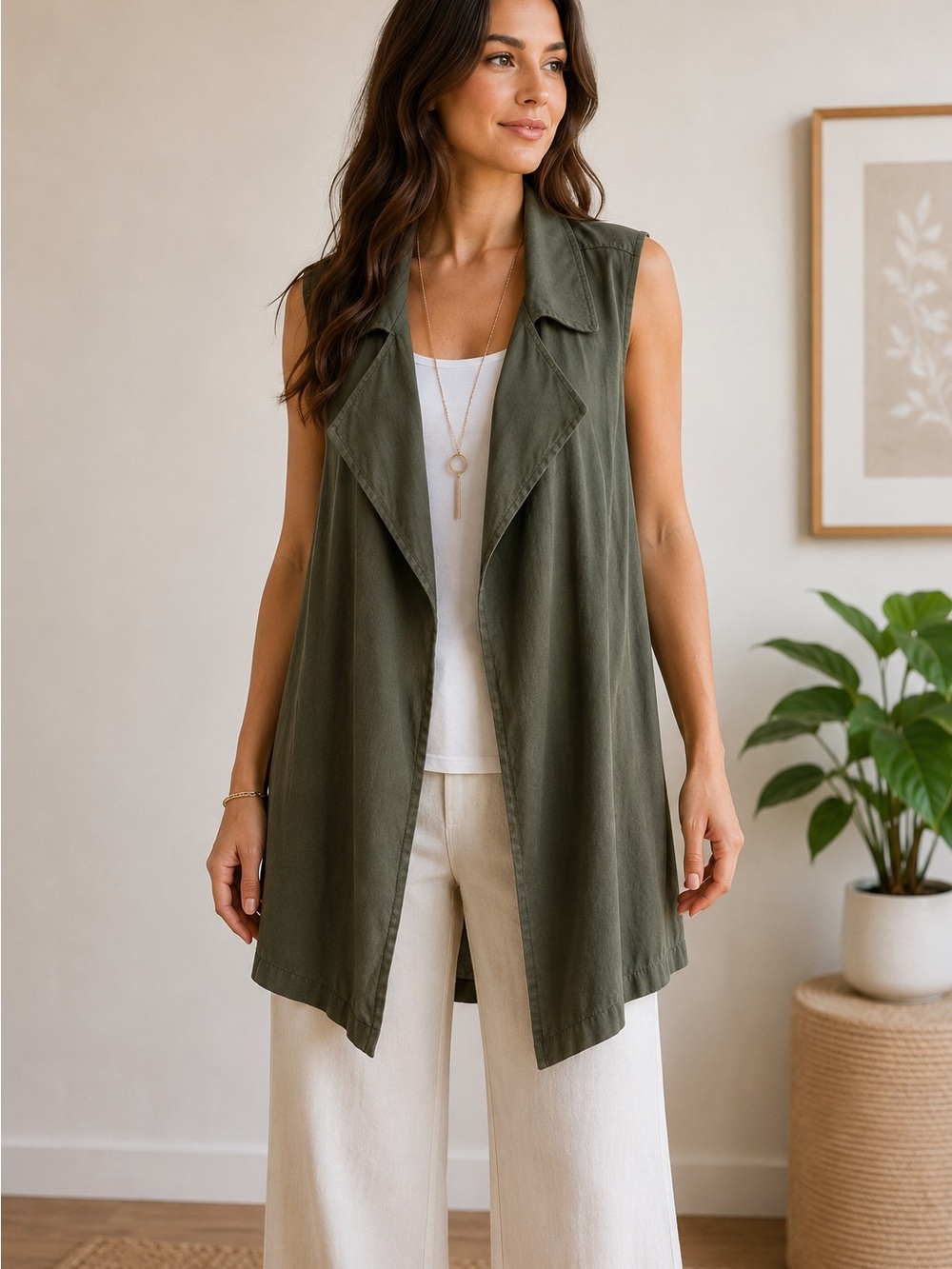 Sleeveless Long Drape Vest in Olive Green